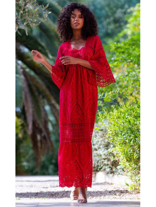 Robe longue rouge broderie anglaise marjoliane