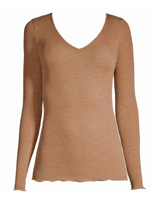Top manches longues col v LAINE ET SOIE biege oscalito