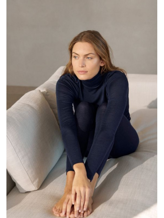 Top manches longues col roulé LAINE ET SOIE bleu nuit
