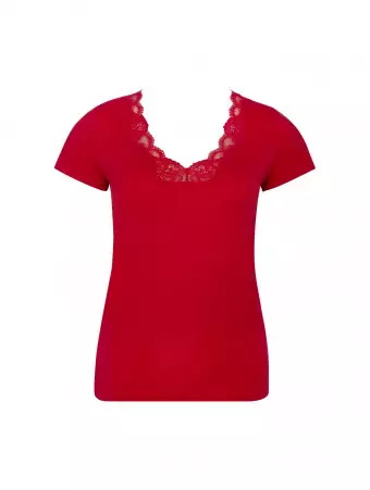 Red short-sleeved top...