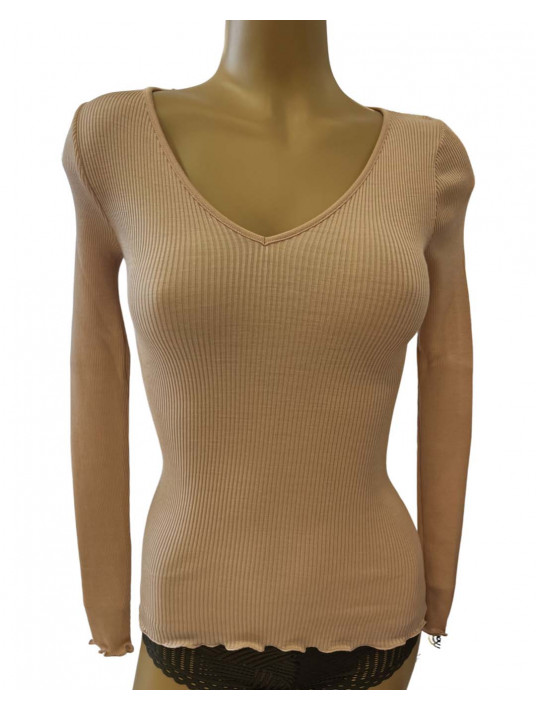 oscalito Long-sleeved top v neckline nude WOOLEN SILK
