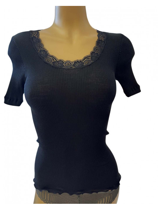 oscalito Half-sleeved top round lace neckline WOOLEN SILK