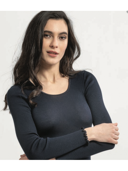 Moretta Top manches longues col rond noir LAINE ET SOIE