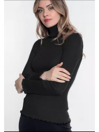 Moretta Top manches longues col montant noir LAINE ET SOIE