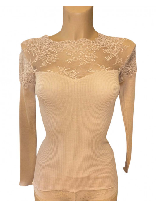 Long-sleeved top skin lace WOOLEN SILK