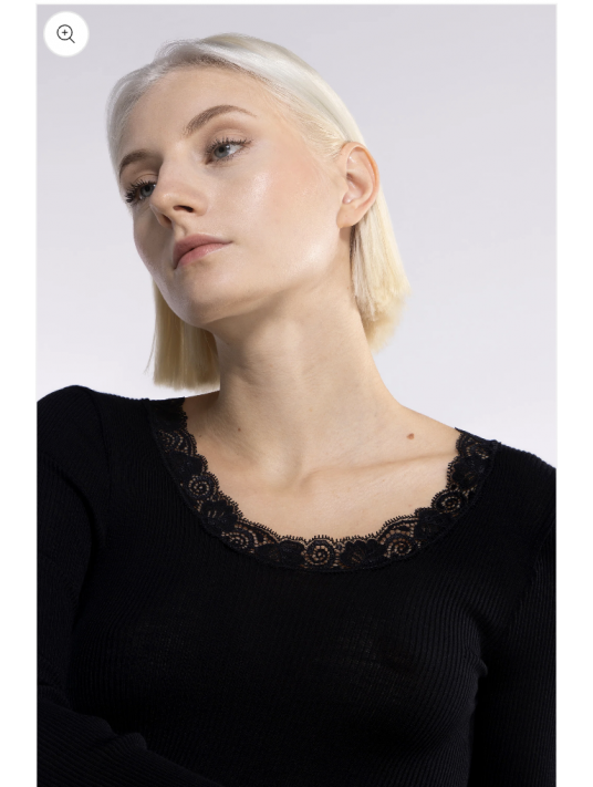 Oscalito Long-sleeved top round lace neckline WOOLEN SILK black