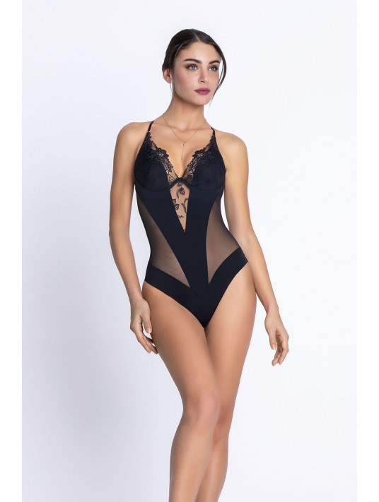 Black lace and tulle padded underwired body, Bodysuits