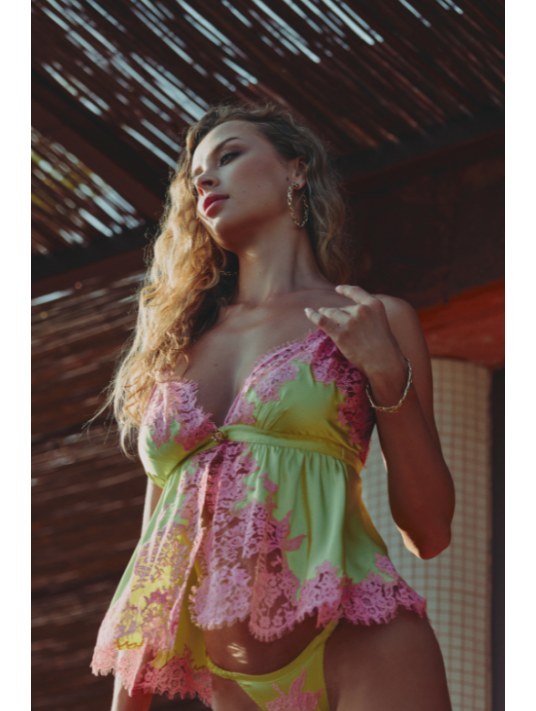 MARJOLAINE Open plunge silk camisole with lace Tilleul CALISTA